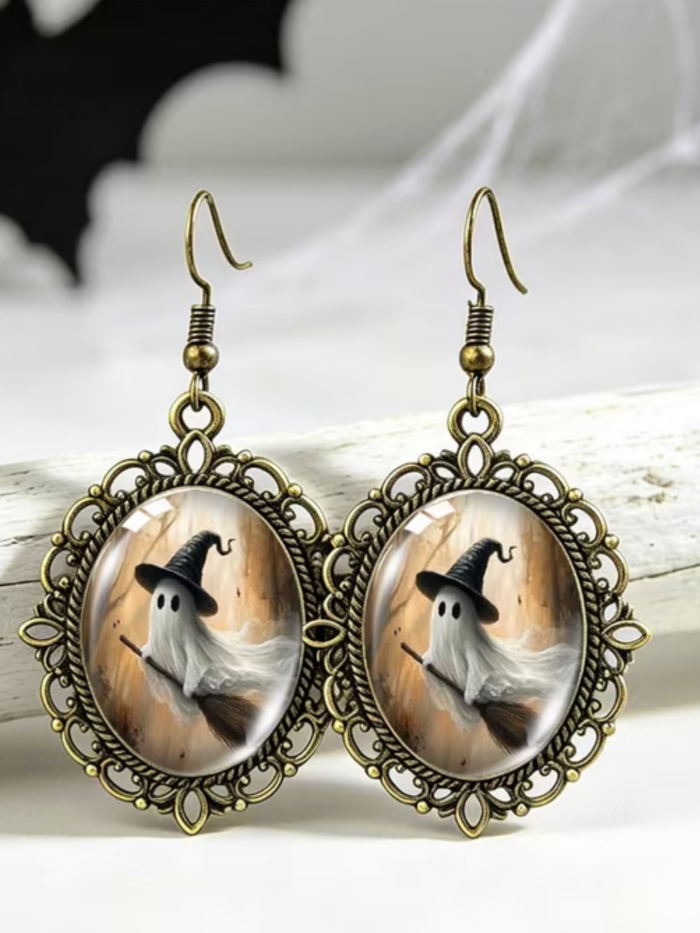 Ghost Witch Cameo Drop Earrings in Antique Gold - Unbranded